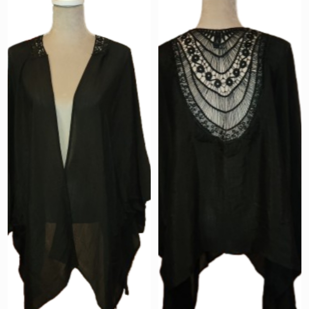 Lane Bryant Black Open Front Kimono One Size Neck Crochet Lace Cover Up Light